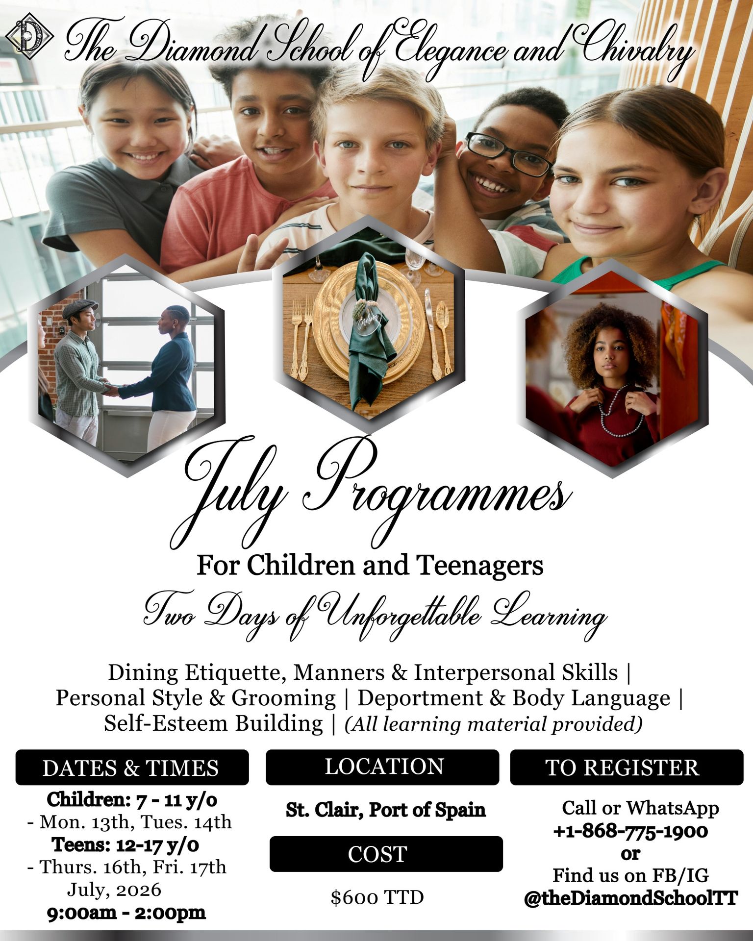 Summer Programme for Kids &amp; Teens in Trinidad | Etiquette &amp; Confidence Training. Flyer. The Diamond School of Elegance and Chivalry.